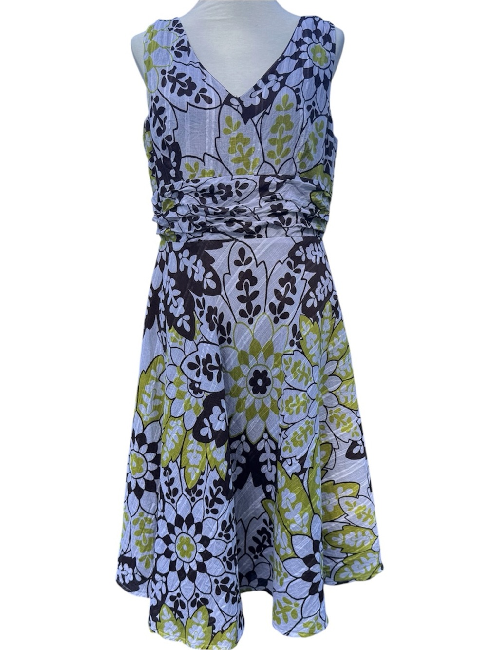 Robbie Bee Y2K A-line Fit Flare Floral Dress 12 Brown Green Chartreuse V-Neck